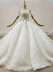 Order Your Ideal Ivory White Ball Gown Tulle Sequins Off the Shoulder Beading Wedding Dresses