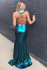 Peacock Blue Long Prom Dress With Criss Cross Back