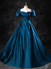 Peacock Blue Satin Sweetheart Puff Sleeve Quinceanera Dresses