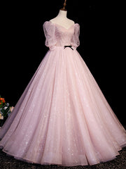 Pink A Line Puffy Sleeves Tulle Long Prom Dress, Pink Sweet 16 Dress