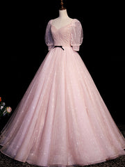 Pink A Line Puffy Sleeves Tulle Long Prom Dress, Pink Sweet 16 Dress