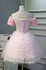 Pink A Line Tulle Homecoming Dresses With Flower Appliques