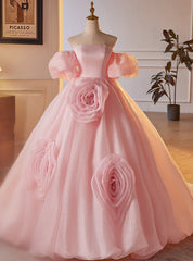 Pink Ball Gown Puff Sleeve Flower Prom Dress