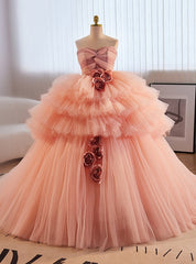 Pink Ball Gown Strapless Pleats Flower Prom Dresses