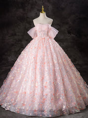 Pink Ball Gown Tulle 3D Flower Quinceanera Dresses