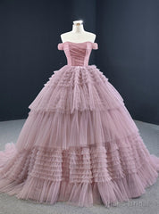 Pink Ball Gown Tulle Off the Shoulder Pleats Prom Dress