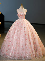 Pink Ball Gown Tulle Print Flower Quinceanera Dresses