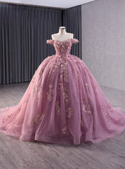 Pink Ball Gown Tulle Sequins Flower Prom Dresses