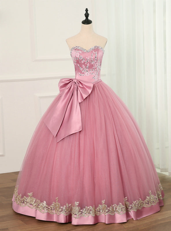 Pink Ball Gown Tulle Sweetheart Bow Appliques Quinceanera Dresses