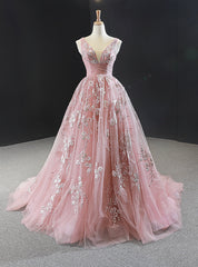 Pink Ball Gown V-neck Tulle Appliques Beading Prom Dresses