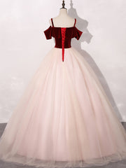 Pink/Burgundy Tulle Long Prom Dresses, A-Line Formal Sweet 16 Dress with Lace