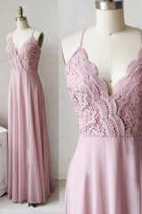 Pink Chiffon Lace Long A-Line Prom Dresses, Pink V-Neck Evening Dresses