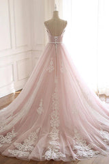 Pink Elegant Tulle V-neckline Straps Party Dresses with Lace Pink Sweet 16 Dresses prom Dresses shops