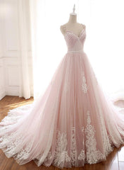 Pink Elegant Tulle V-neckline Straps Party Dresses with Lace Pink Sweet 16 Dresses prom Dresses shops