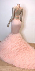 Pink Halter Sleeveless Mermaid Prom Dresses New Arrival Chic Open Back Lace Tulle Evening Gowns