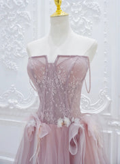 Pink Lace and Tulle A-line Prom Dresses with Flowers, Pink Tulle Party Dresses