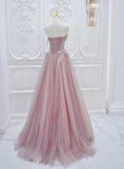 Pink Lace and Tulle A-line Prom Dresses with Flowers, Pink Tulle Party Dresses