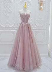 Pink Lace and Tulle A-line Prom Dresses with Flowers, Pink Tulle Party Dresses