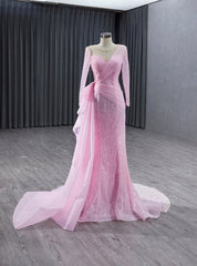 Pink Mermaid Long Sleeve Pearls Prom Dresses