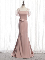 Pink Mermaid Satin Spagehtti Straps Prom Dresses With Sash