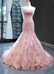 Pink Mermaid Tulle Sweetheart Pleats Appliques Prom Dresses