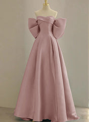 Pink Off Shoulder Satin Long Simple Party Dress, Pink Satin Evening Dress