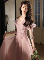 Pink Off Shoulder Tulle with Beaded Long Party Dresses, Pink Tulle Prom Dresses Formal Dresses