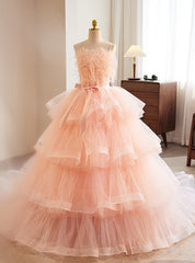 Pink Princess Tulle Spaghetti Straps Feather Prom Dresses