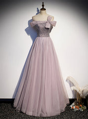 Pink Purple Tulle Sequins Beading Prom Dresses