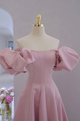 Pink Satin A-line Floor Length Party Dresses, Pink Satin Short Sleeves Prom Dresses