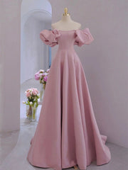 Pink Satin A-line Floor Length Party Dresses, Pink Satin Short Sleeves Prom Dresses