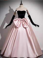 Pink Satin Black Velvet Strapless Bow Prom Dresses