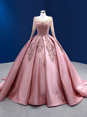 Pink Satin Long Sleeve Appliques Beading Prom Dresses