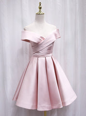 Pink Satin Off the Shoulder Pleats Homecoming Dresses