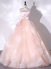 Pink Satin Tulle Strapless Feather Quinceanera Dresses