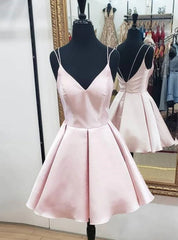 Pink Satin V-neck Homecoming Dresses