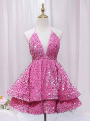 Pink Sequins Deep V-neck Backless Homecoming Dresses