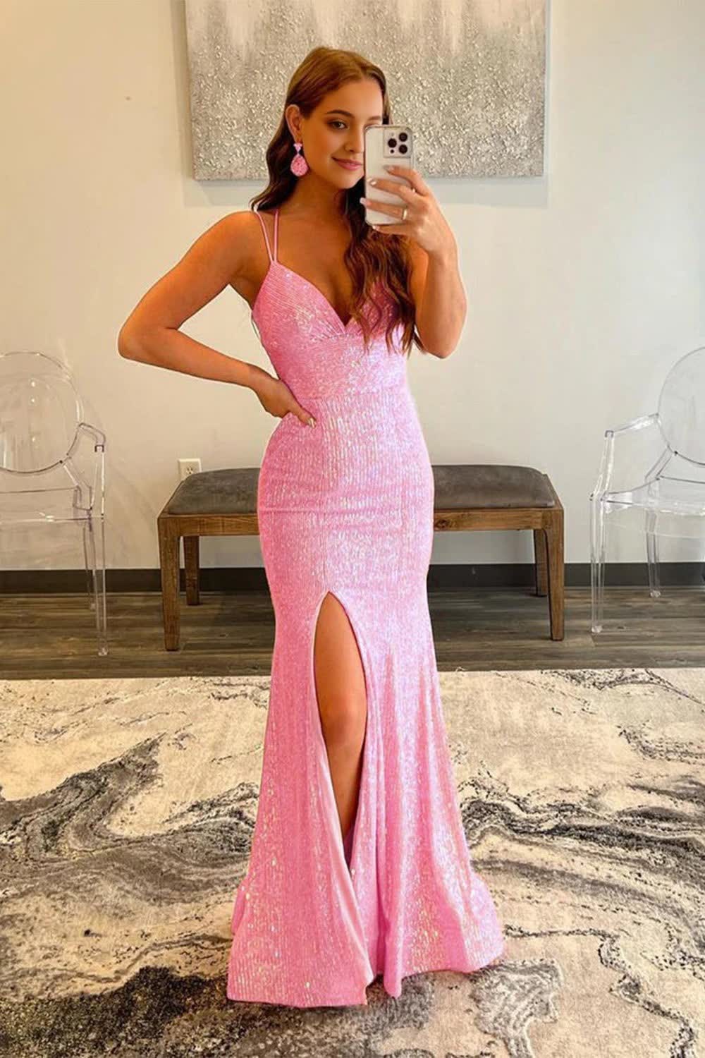 Pink Sequins Mermaid Prom Dress