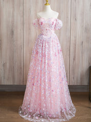 Pink Sequins Off the Shoulder Flower Prom Dresses