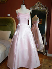 Pink Shimmering Satin Spaghetti Straps Prom Dresses Fairy A Line Princess Dresses Evening Gown