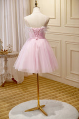 Pink Spaghetti Strap Tulle Short Prom Dress with Feather, Pink Party Dress