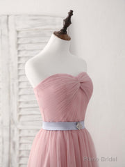Pink Sweetheart Neck Tulle Long Prom Dress, Aline Pink Bridesmaid Dress