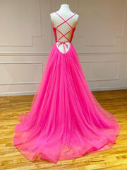 Pink Tulle A Line Ruffles Long Prom Dresses