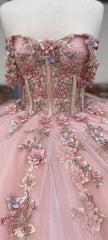 Pink Tulle Appliques Ball Gown Quinceanera Dresses