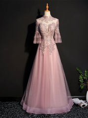 Pink Tulle Appliques Beading Short Sleeve Prom Dresses