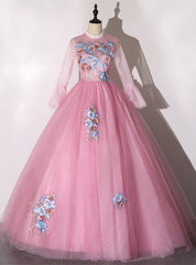 Pink Tulle Appliques Long Sleeve Quinceanera Dresses