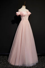 Pink Tulle Beaded Long A-Line Prom Dress, Pink Off the Shoulder Evening Dress