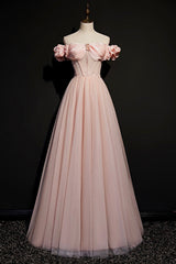 Pink Tulle Beaded Long A-Line Prom Dress, Pink Off the Shoulder Evening Dress