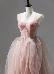 Pink Tulle Beaded Long Party Dresses Prom Dresses, Pink Floor Length Formal Dresses