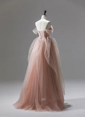 Pink Tulle Beaded Long Party Dresses Prom Dresses, Pink Floor Length Formal Dresses